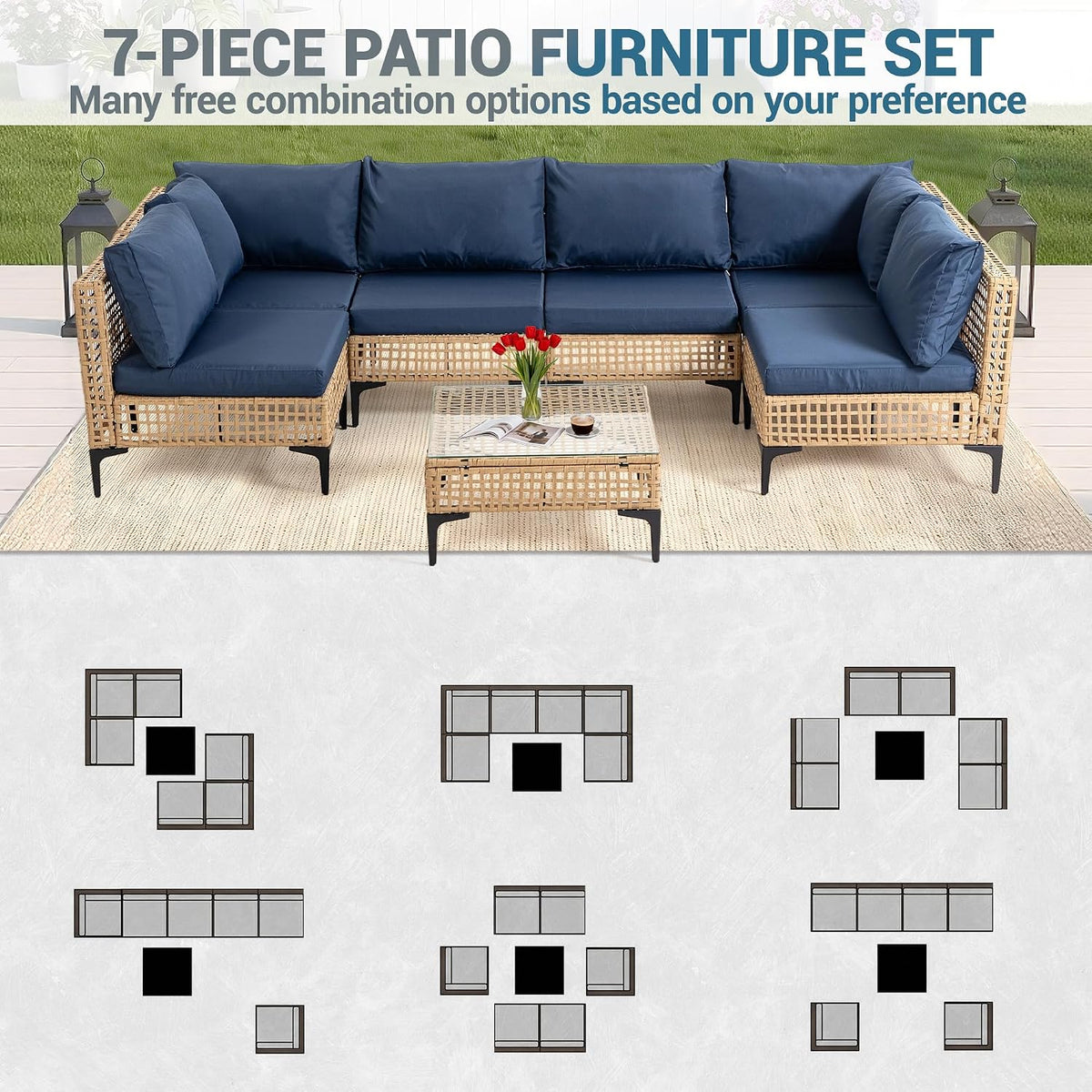 7‑Piece PE Rattan Patio Sectional Furniture Set